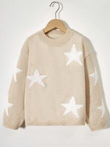 SHEIN Cô gái Ngôi sao Thiết kế Thả vai Áo len - Màu Khaki - Xem 1