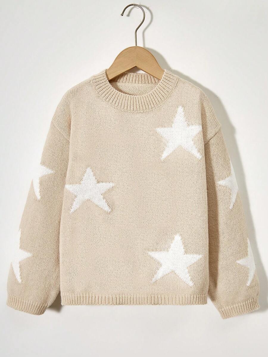 SHEIN Cô gái Ngôi sao Thiết kế Thả vai Áo len - Màu Khaki - Xem 1