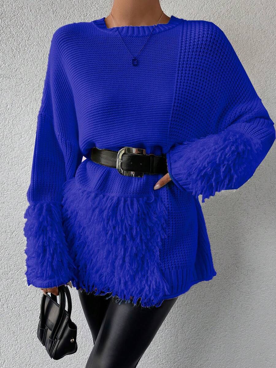 EURMUSE Women's Solid Color Round Neck Shaggy Knit Sweater Without Waist Belt - Royal Blue - View 1