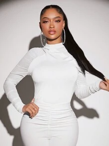 SHEIN SXY Stand Collar Knitted Top With Pleats And Raglan Sleeve - White - View 4