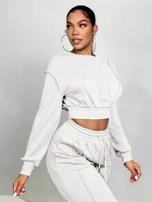 SHEIN SXY 女士純色垂墜肩短款運動衫 - 白色 - 查看 3