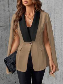 SHEIN Privé Của phụ nữ Tương phản Màu sắc Khăn quàng Áo choàng Tay áo Áo vest - Màu Khaki - Xem 4