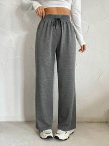 SHEIN EZwear 純色腰部束繩寬腿褲 - 深灰色 - 查看 6