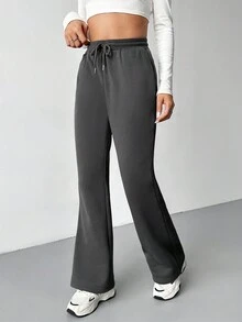 SHEIN EZwear 女士抽繩高腰慢跑褲 - 灰色 - 查看 4