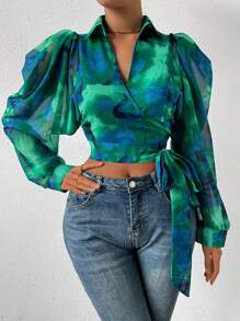 Chiquease Puff Sleeve Wrap Knotted Shirt Fall Cloth For Women - Green - View 2