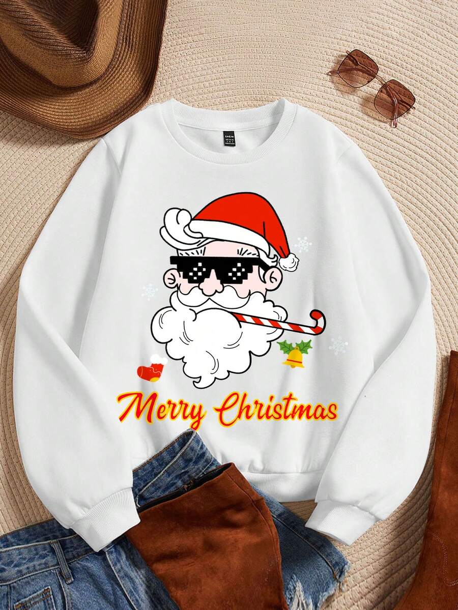 SHEIN EZwear Hơn In Giáng sinh Áo nỉ ấm áp - trắng - Xem 1