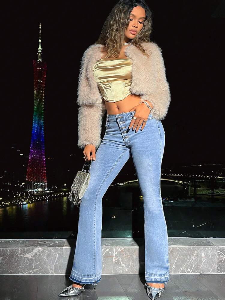 Button Front Flare Jeans With Frayed Hem