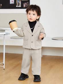 SHEIN Unisex Baby Solid Color Lapel Coat Wide-leg Trousers Two-piece Set - Apricot - View 8