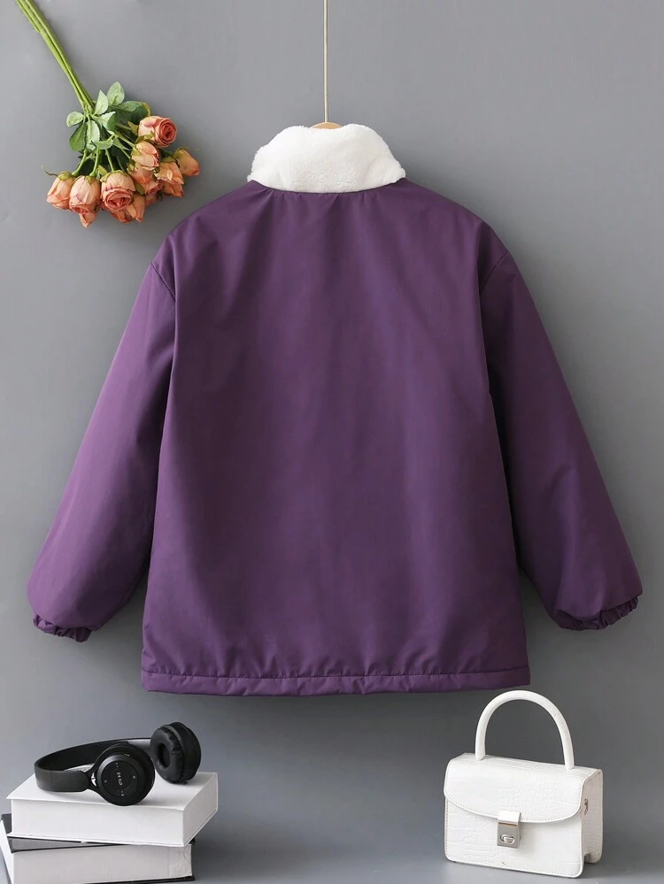 Girls' Contrast Color Collar Flap Pocket Thick Coat