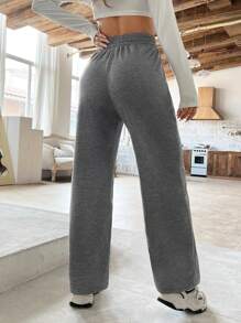 SHEIN EZwear 純色腰部束繩寬腿褲 - 深灰色 - 查看 2