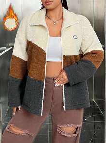 SHEIN EZwear Kích thước lớn Khối màu Teddy Lông cừu Áo khoác - Nhiều màu - Xem 3