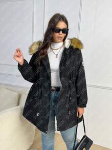 SHEIN LUNE Plus Drawstring Waist Fuzzy Trim Hooded Parka Padded Coat Clothes Winter Thermal Fall Cloth For Women - Black - View 5