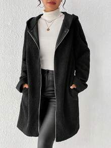 SHEIN Essnce áo có mũ Áo khoác Với dây kéo - màu đen - Xem 4