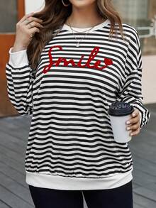 SHEIN LUNE 大碼條紋和字母圖案落肩袖運動衫 - 黑與白 - 查看 5