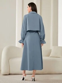Modelyn Conjunto de 2 piezas de vestido de unicolor y chaqueta corta con mangas abullonadas para mujer