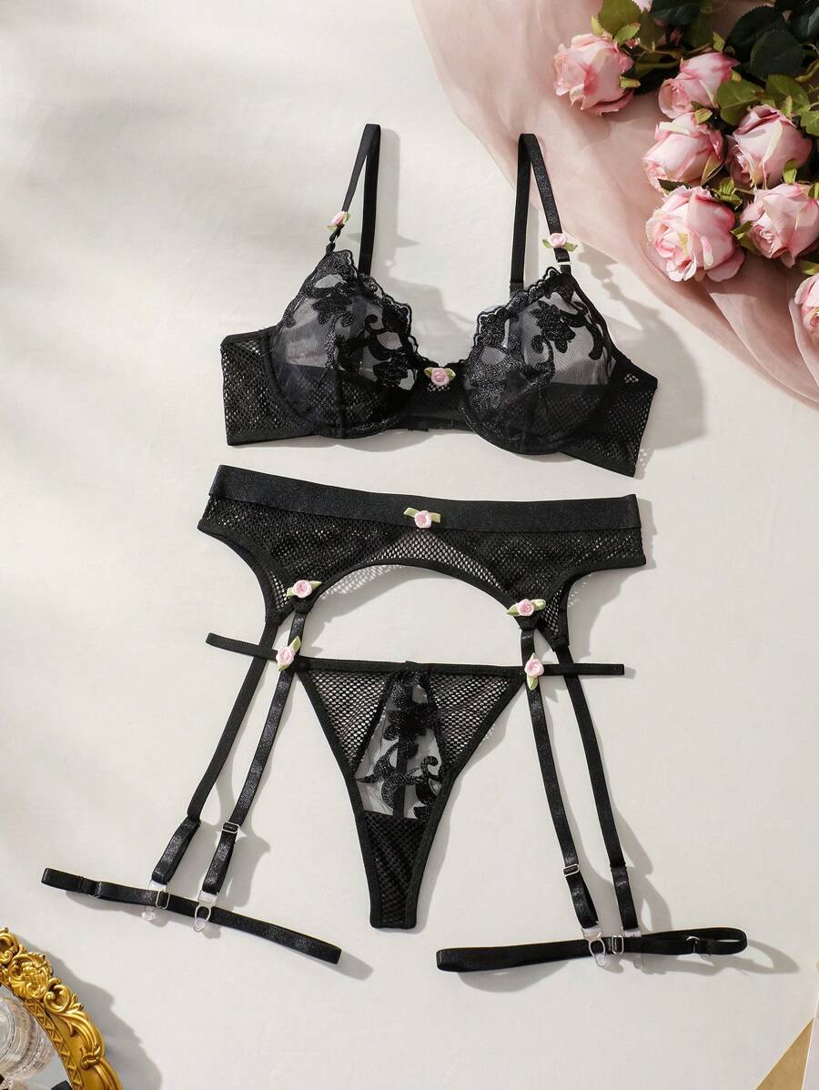 SHEIN Conjunto De Lencería Sexy De Malla Bordada Para Mujer - Negro - Ver 1