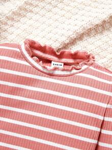 SHEIN Camiseta De Bebé Niña Con Ribete De Lechuga Y Estampado De Rayas - Rosa - Ver 4