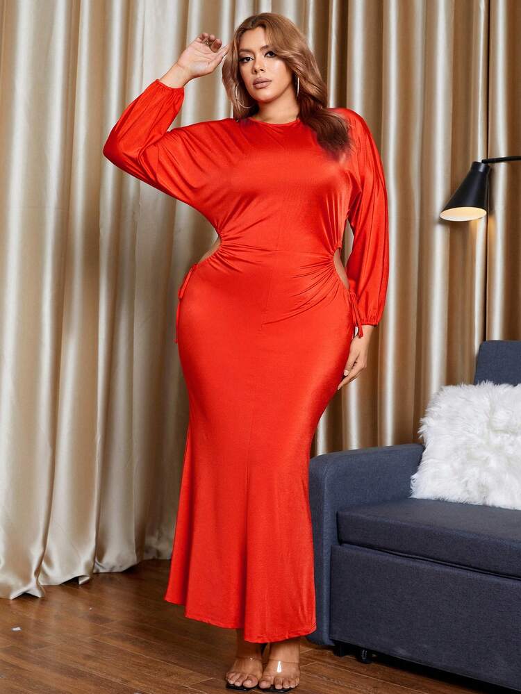 Plus Size Women's Back Draped Fish Tail Design Dress With Jacquard Fabric