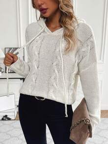 SHEIN Essnce Xoắn Dan Thả vai Dây rút áo có mũ Áo len - Màu be - Xem 6