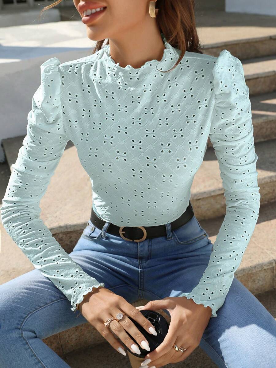 SHEIN Frenchy Của phụ nữ Thêu Hoa Đứng cổ áo Áo thun - Màu xanh nhạt - Xem 1