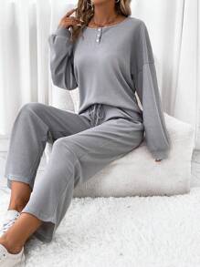 SHEIN LUNE 女士純色圓領寬鬆上衣和褲子套裝 - 灰色 - 查看 5