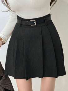 DAZY 女式纯色学院风百褶裙夏季 - 黑色 - 查看 1