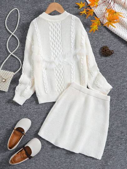 SHEIN Tween Girl Cable Knit Drop Shoulder Mesh Ruffle Trim Sweater & Knit Skirt