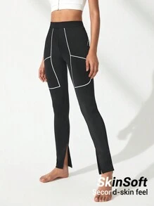 Easithlete Khối màu Quần Leggings thể thao Với Viền chia cắt Và Cạnh cuộn Chi tiết - màu đen - Xem 1