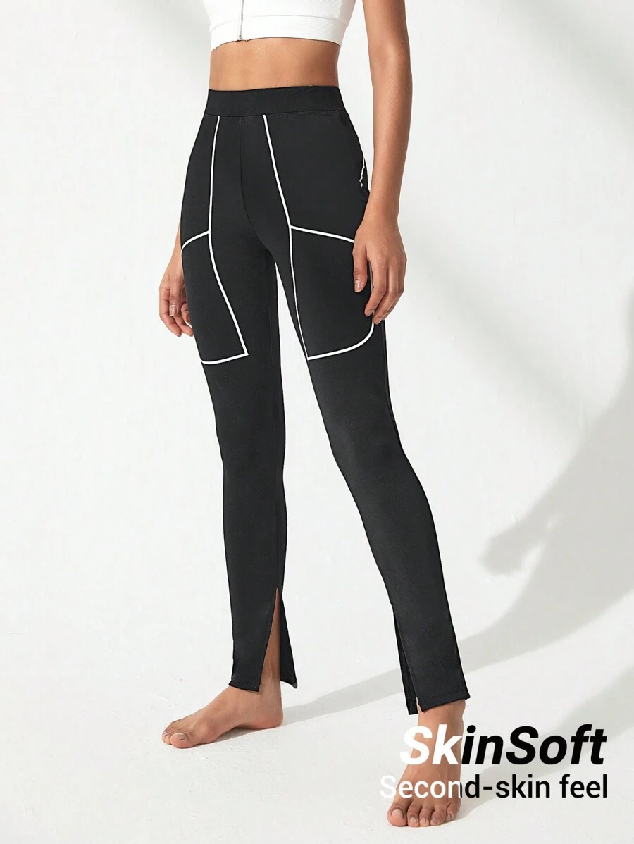 Easithlete Khối màu Quần Leggings thể thao Với Viền chia cắt Và Cạnh cuộn Chi tiết - màu đen - Xem 1