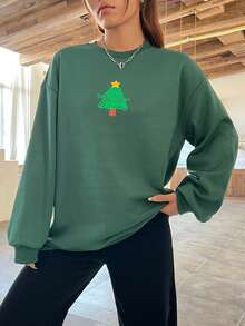 SHEIN EZwear Của phụ nữ Cây thông noel Mẫu Thả vai Lông cừu Áo nỉ - Màu xanh lá cây đậm - Xem 4