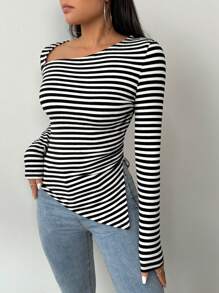 SHEIN Essnce Women's Striped Asymmetrical Shoulder Slim Fit T-Shirt - Black and White - View 4