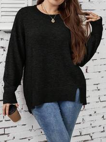 SHEIN LUNE 大尺碼純色垂墜肩縫洞毛衣 - 黑色 - 查看 4