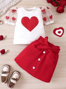 SHEIN 年輕女孩心型鑲嵌T恤配純色裙子和皮帶2件套裝 - 紅白色 - 查看 3