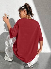 SHEIN EZwear Lässiges, Oversized, loses burgunderfarbenes Damen-Rundhals-Kurzarm-T-Shirt mit Spinnennetz-Muster, geeignet für den Sommer, unisex - Bordeaux - Übersicht 2