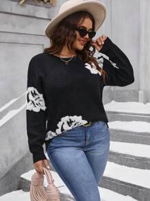 Calvaya Plus Size Flower Pattern Drop Shoulder Sweater Knit Pullover Fall Winter Sweater - Black - View 3