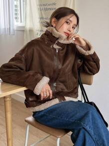 DAZY 泰迪羊毛边拼布拉链夹克，秋季女装