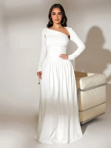 SHEIN SXY 女士不对称领口褶皱摆长裙女装 - 白色 - 查看 5