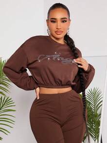 SHEIN SXY 性感服飾俱樂部鑲鑽短款女士運動衫,帶有字母細節 - 棕色 - 查看 6