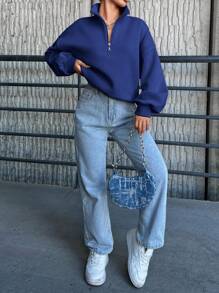 SHEIN Cottnline Women's Solid Color Drop Shoulder Front Zipper Sweatshirt - Blue - View 4