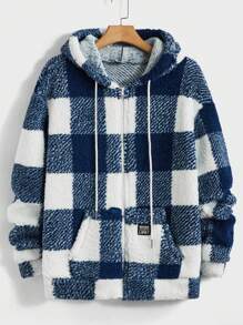 GENTILAND 男士水牛格紋拉鍊設計束口帽毛絨夾克 - 藍白色 - 查看 1