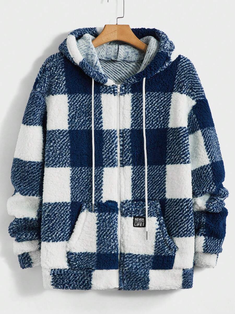 GENTILAND 男士水牛格紋拉鍊設計束口帽毛絨夾克 - 藍白色 - 查看 1