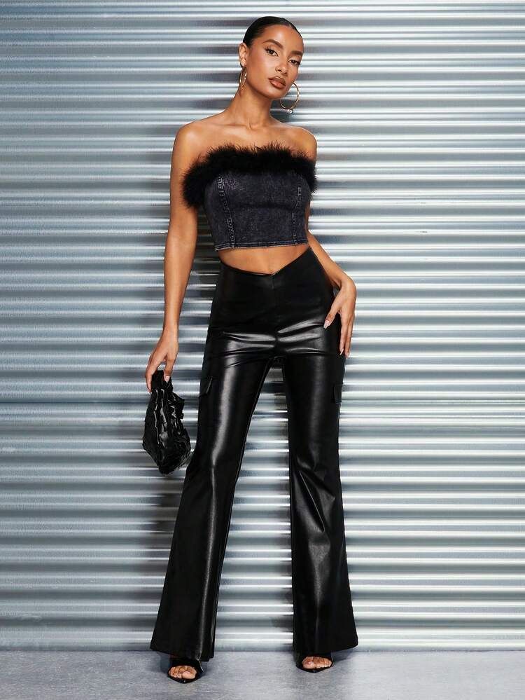 Sexy Women's Strapless Denim Top With Feather Decoration For Nightclub Party Or New Year's Eve