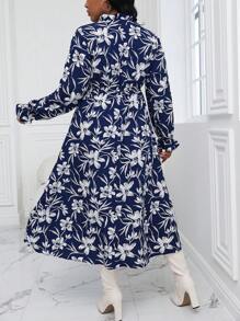 Celure Hơn In hoa Cà vạt tay áo lá sen Đầm - Màu xanh lam - Xem 2