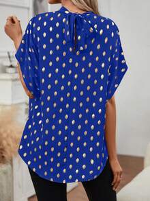 SHEIN Clasi 金色橢圓圓點印花寬衣袖綁帶後背襯衫 - 藍色 - 查看 2
