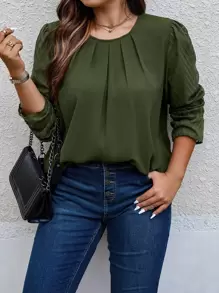 SHEIN Clasi 大码纯色褶饰衬衫 - 軍綠色 - 查看 1