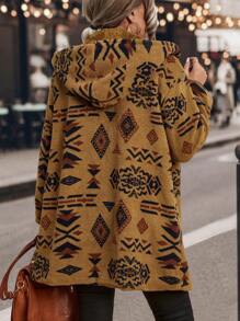 EMERY ROSE Plus Geo Print Drop Shoulder Curved Hem Button Front Padded Coat Thermal, For Winter Clothes - Brown - View 2