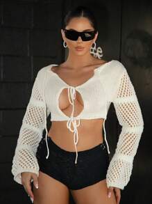 SHEIN ICON Quý cô Xu hướng: Cắt giảm Mặt trước Buộc Quần skinny Áo len Mở Với Mở Mặt trước - Màu be - Xem 1