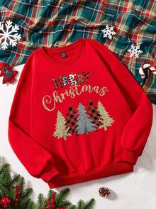 SHEIN EZwear Women's Plus Size Christmas Tree Printed Fleece Sweatshirt - Red - View 1