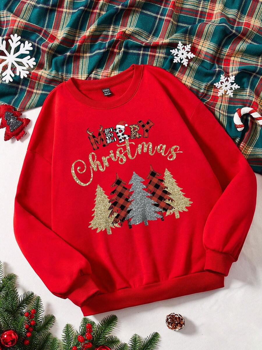 SHEIN EZwear Women's Plus Size Christmas Tree Printed Fleece Sweatshirt - Red - View 1