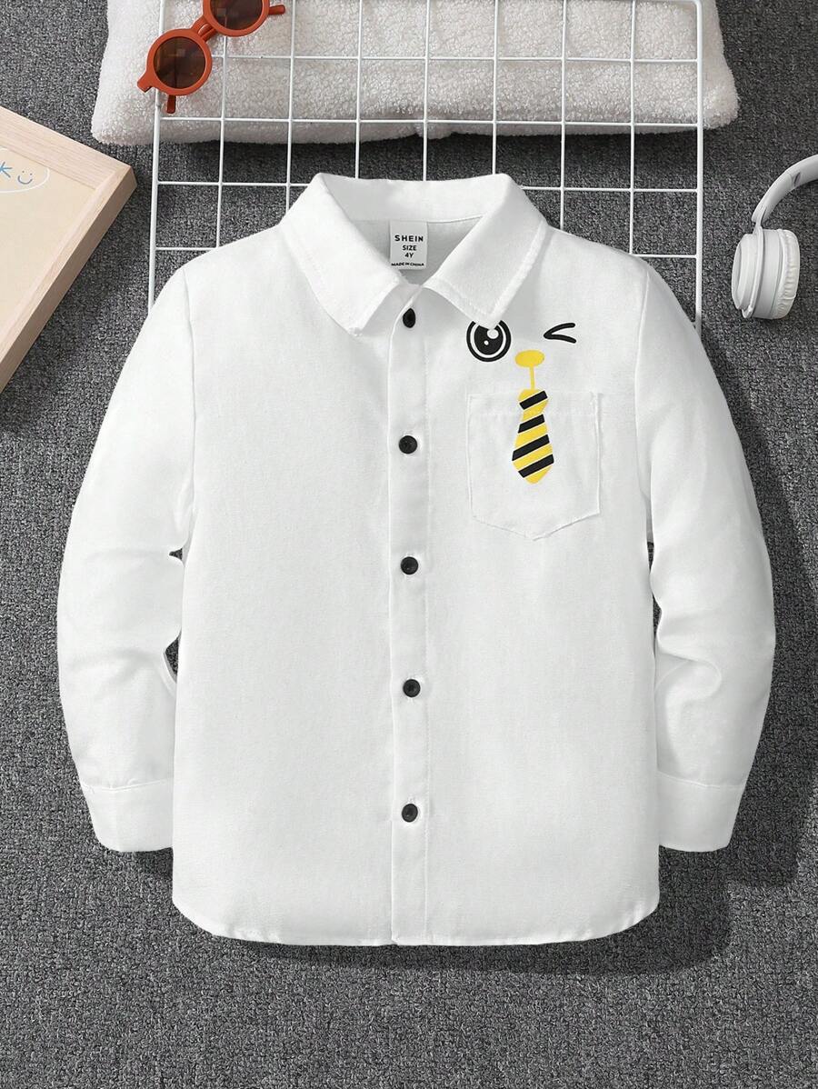 SHEIN Boys' Cute And Comfortable Cartoon Pattern Solid Color Long Sleeve Shirt - White - View 1